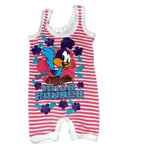 Vintage Looney Tunes Baby Road Runner 1995 Pink striped Romper infant rare